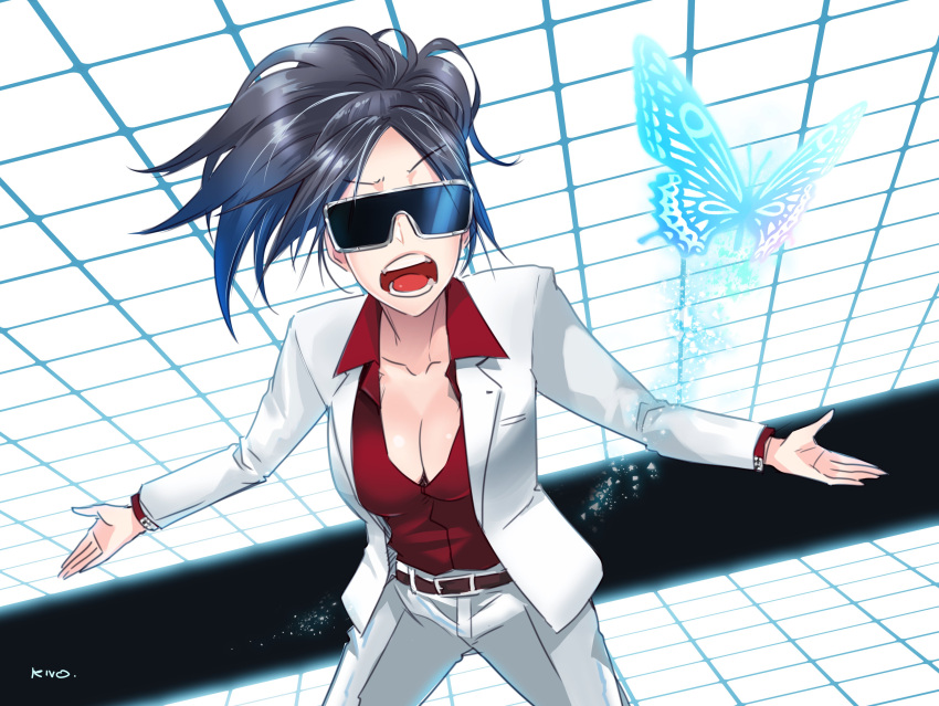 1girl, absurdres, belt, belt_buckle, black_hair, breasts, buckle, bug