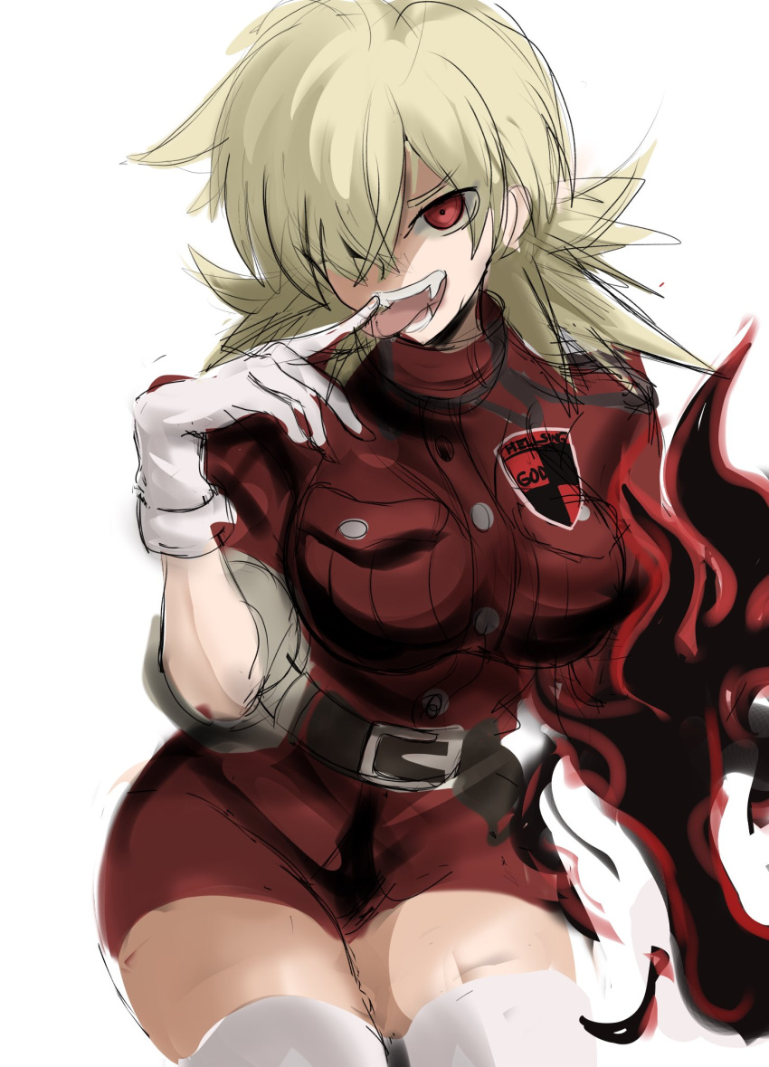1girl, belt, belt_buckle, blonde_hair, blood, blood_on_hands, breasts, buckle, fangs, gloves, hair_over_one_eye, hellsing, highres, large_breasts, licking, licking_finger, looking_at_viewer, military, military_uniform, rakeemspoon, red_eyes, seras_victoria, sharp_teeth, single_hand, sitting, sleeves_rolled_up, solo, tagme, teeth, thick_thighs, thigh-highs, thighs, uniform, vampire, white_background, white_gloves, white_legwear