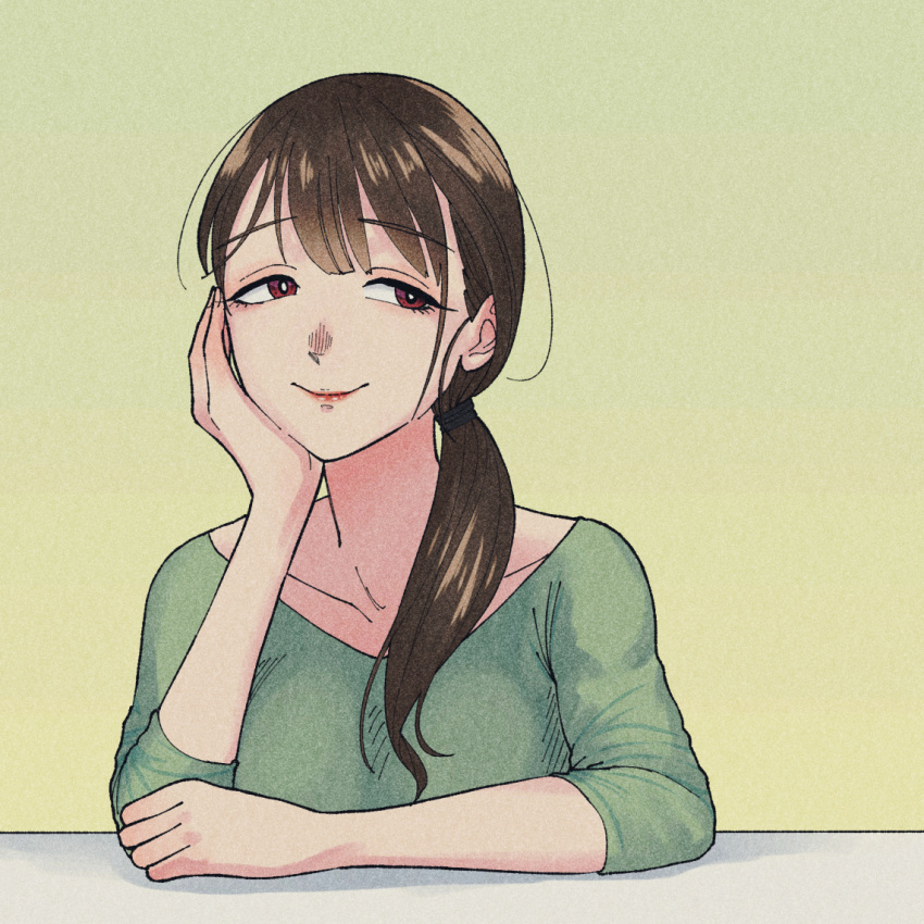 1girl, bangs, brown_hair, closed_mouth, collarbone, hand_on_own_chin, hand_on_own_face, head_rest