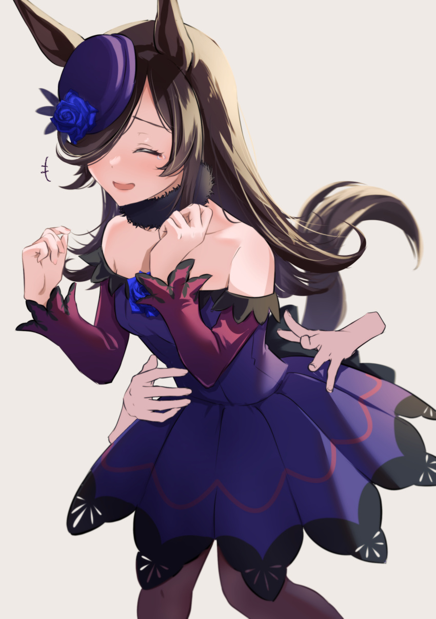 +++, 1girl, absurdres, animal_ears, bare_shoulders, black_legwear, blue_flower, blue_rose