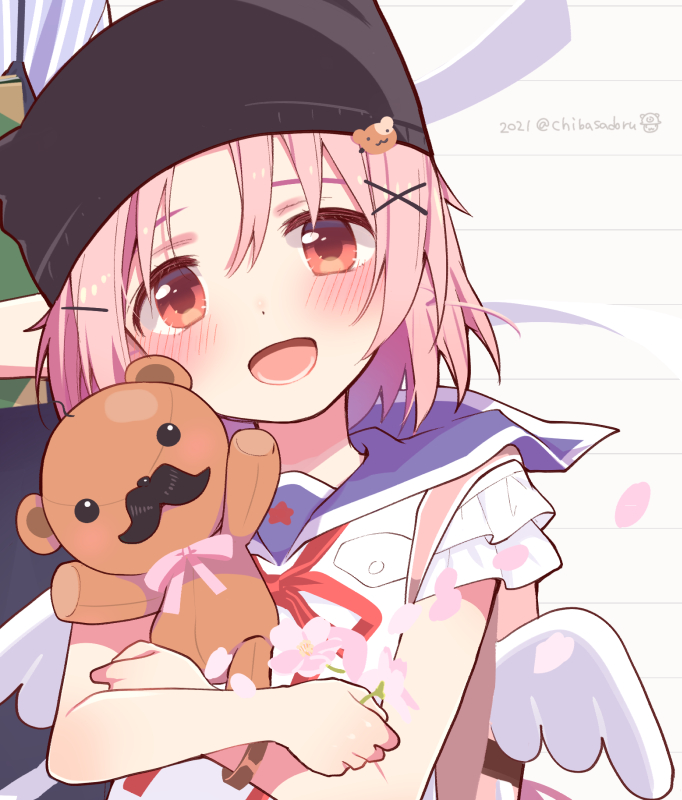 2girls, :d, backpack, bag, bear_hair_ornament, black_headwear, blue_sailor_collar, blush
