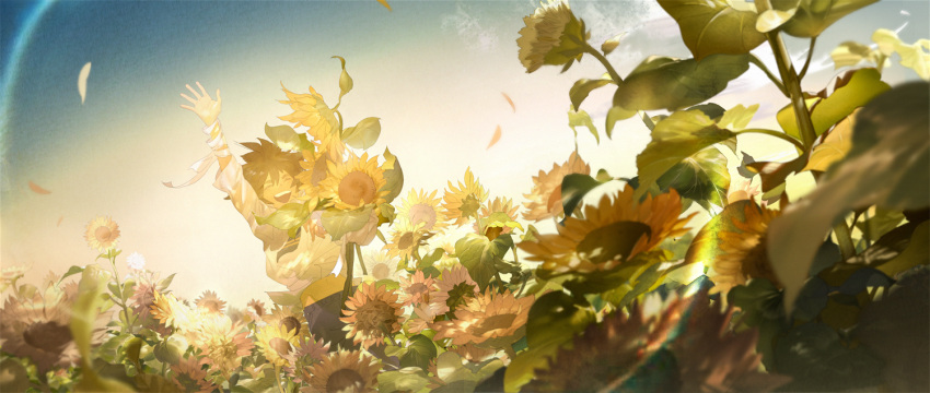 1boy, anmicius, aotu_world, bandages, blue_pants, brown_hair, closed_eyes, clouds