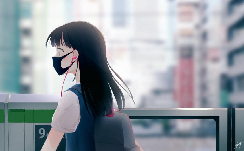 1girl, backpack, bag, bangs, black_hair, blue_vest, blurry, blurry_background