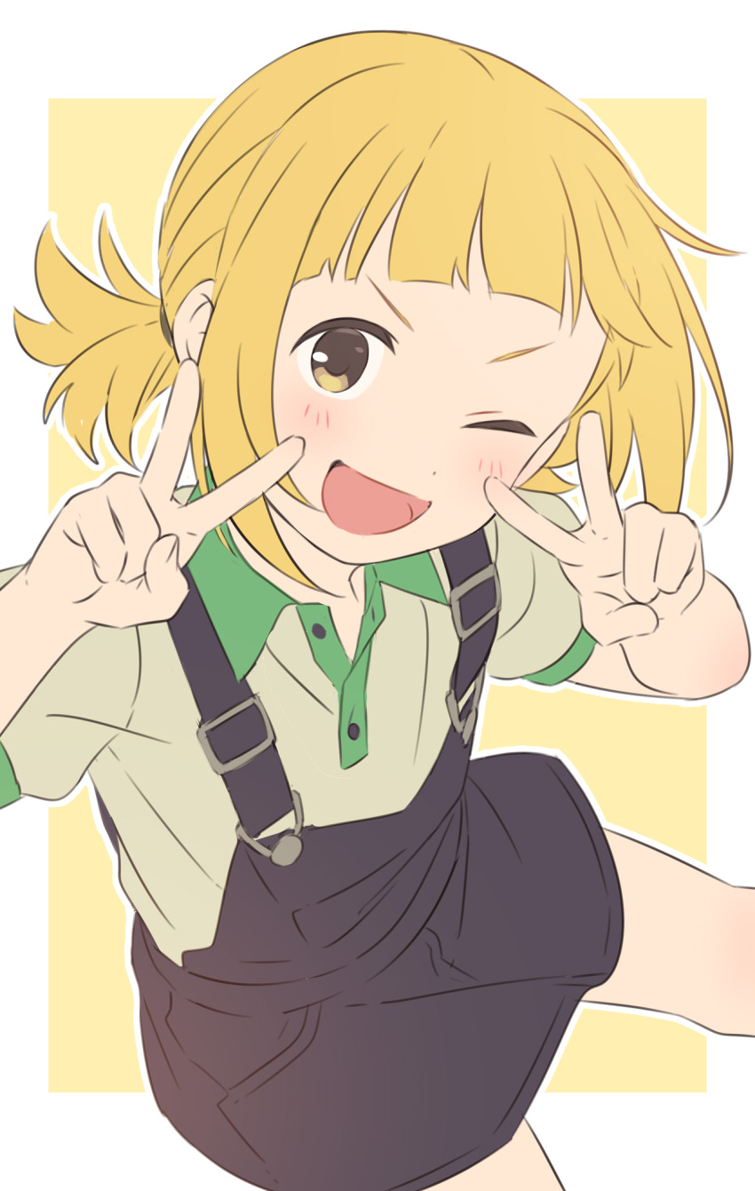 1girl, ;d, bangs, black_overalls, blonde_hair, blunt_bangs, blush, border