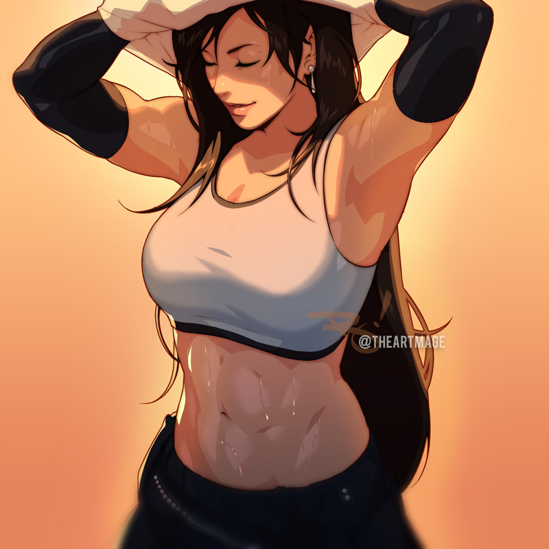1girl, abs, armpits, arms_up, black_hair, black_skirt, closed_eyes, crop_top