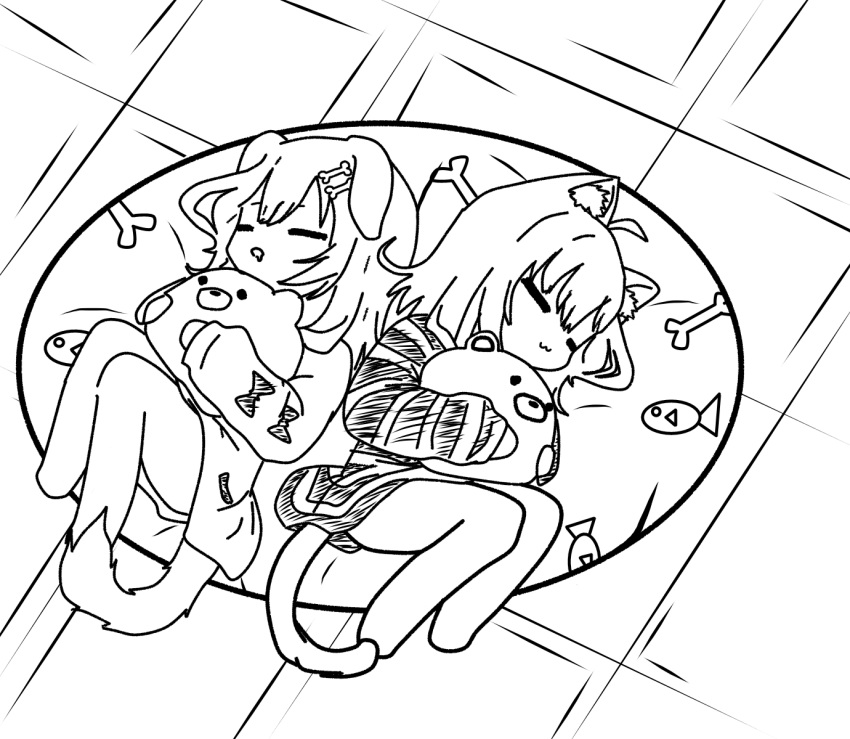 2girls, animal_ear_fluff, animal_ears, cat_ears, cat_girl, cat_tail, dog_ears, dog_girl