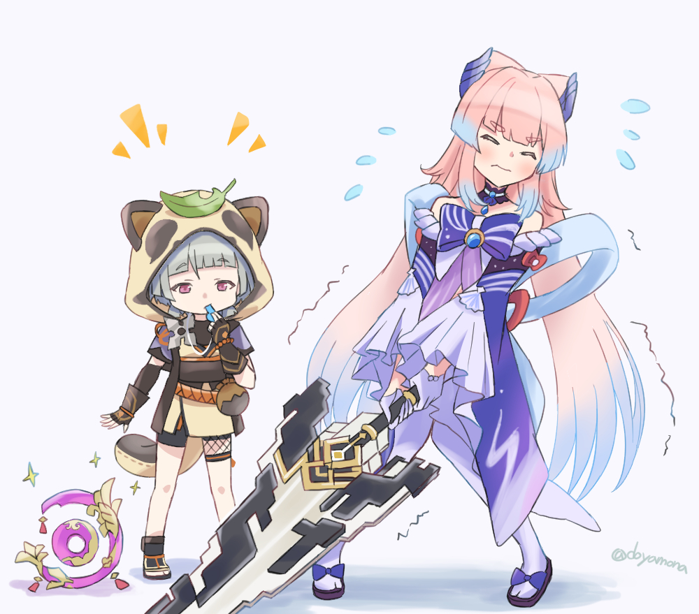 2girls, animal_ears, animal_hood, arm_guards, bangs, bare_shoulders, bike_shorts, black_gloves