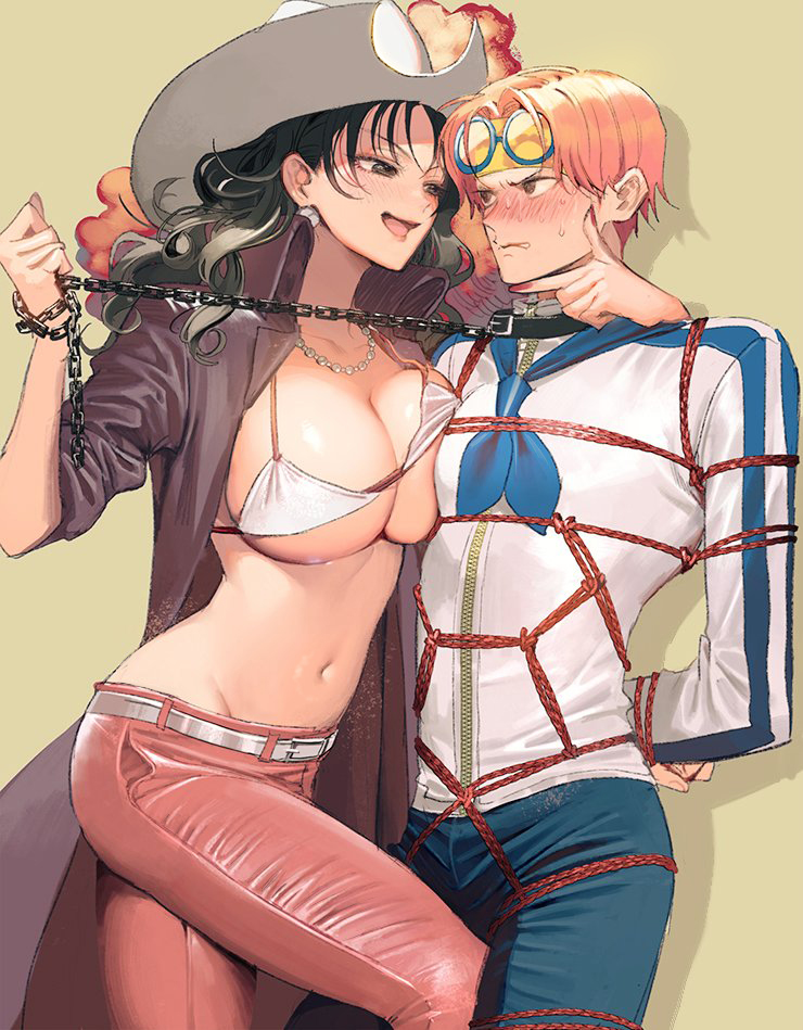 1boy, 1girl, alvida_(one_piece), arms_behind_back, bangs, belt, bikini, bikini_top, black_eyes, black_hair, blue_neckwear, blue_pants, blush, bound, bound_wrists, breast_press, breasts, brown_eyes, chain, coat, coby_(one_piece), collar, english_commentary, hat, hetero, high_collar, jacket, jewelry, large_breasts, long_hair, necklace, nose_blush, one_piece, open_mouth, pants, pink_hair, red_coat, red_pants, red_rope, rope, runa_(artist), shadow, shibari, shibari_over_clothes, simple_background, sweat, swimsuit