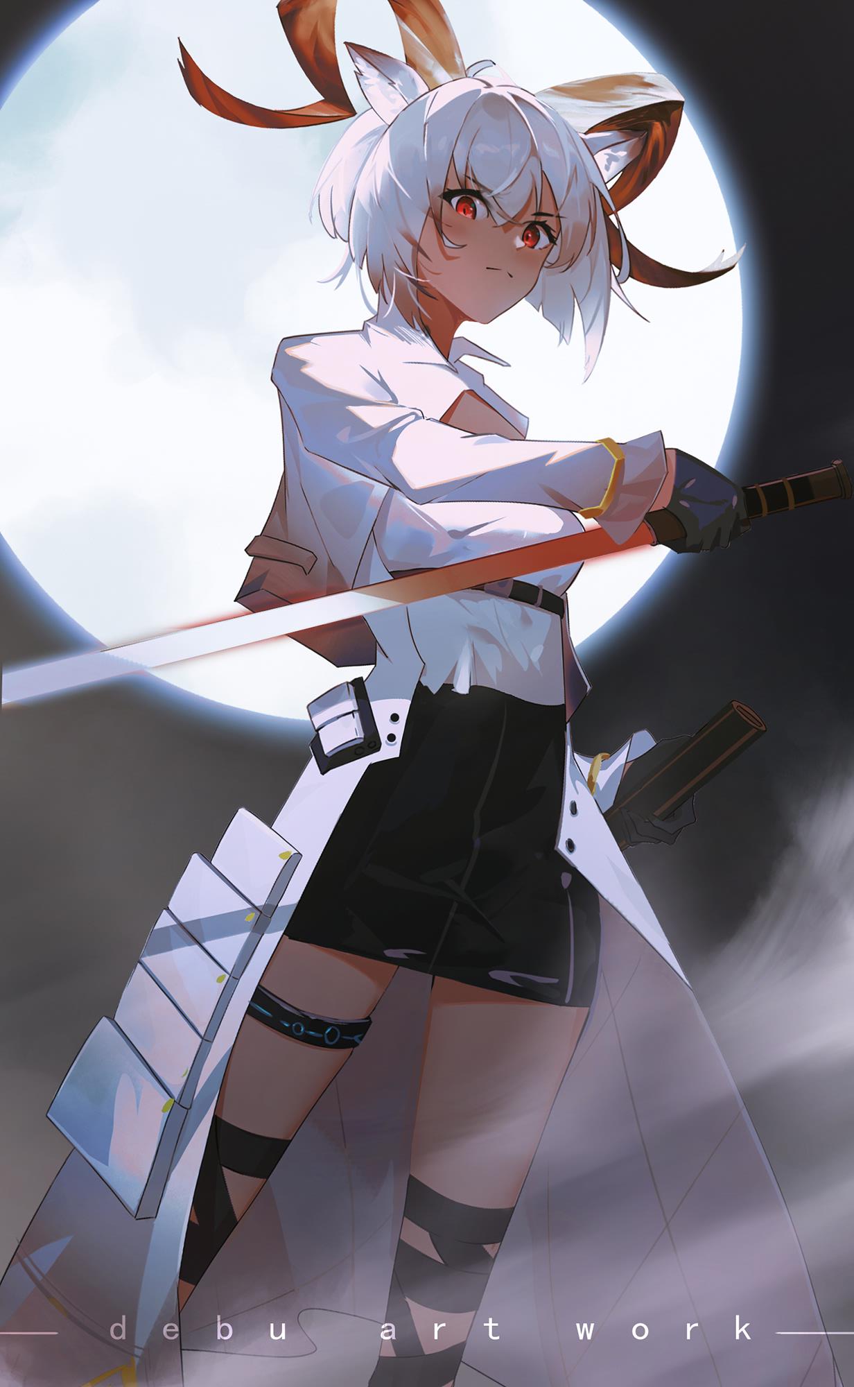 1girl, animal_ears, arknights, black_gloves, black_skirt, blush, bob_cut, breasts