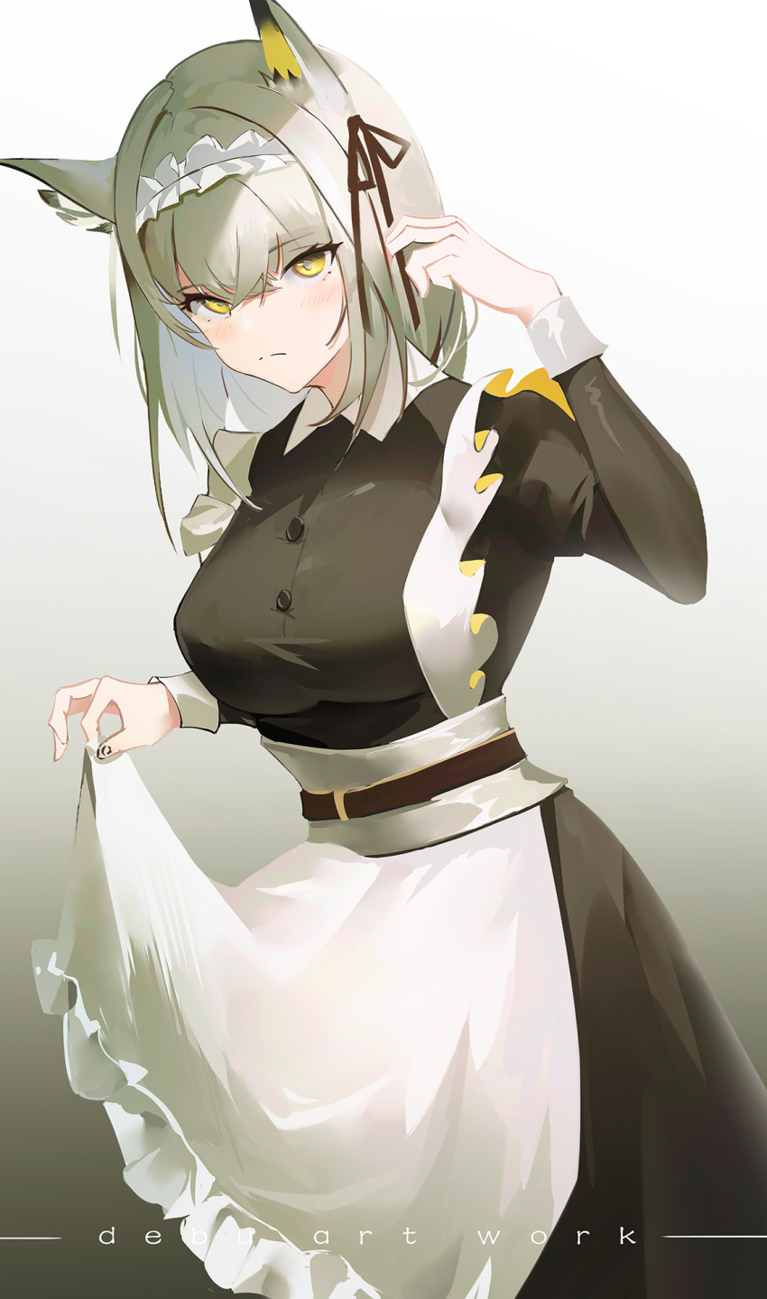 1girl, alternate_costume, animal_ears, apron, apron_hold, arknights, bangs, black_dress