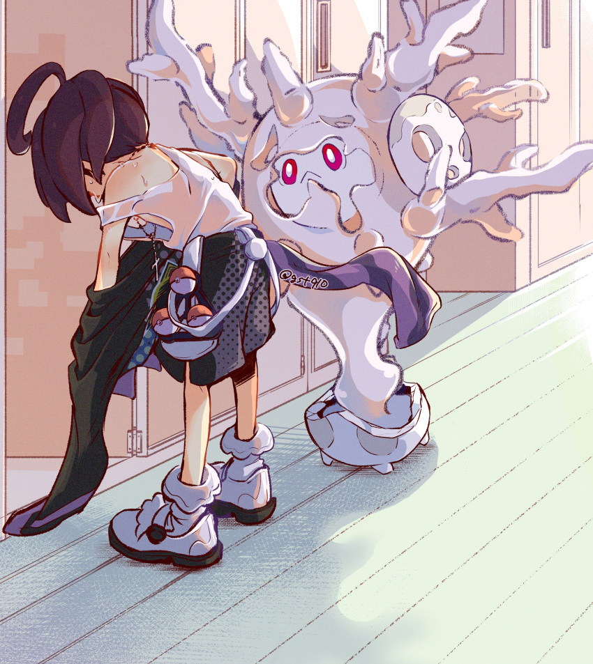1boy, absurdres, ahoge, allister_(pokemon), body_blush, commentary_request, cursola, highres