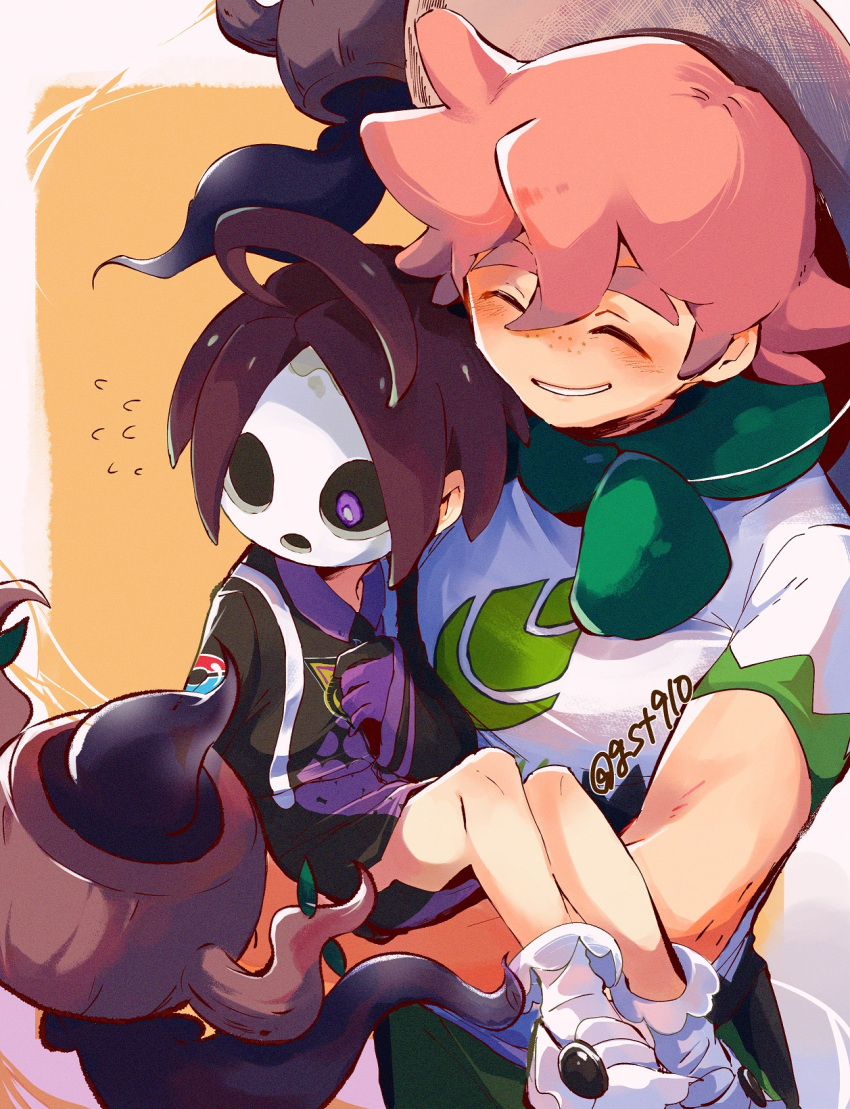 2boys, ahoge, allister_(pokemon), blush, carrying, collared_shirt, flying_sweatdrops, freckles