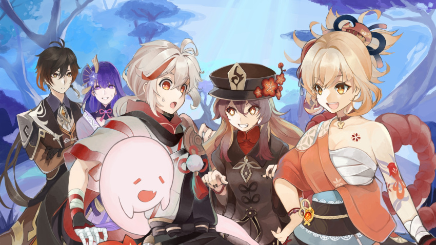 2boys, 3girls, arm_tattoo, armor, bandaged_arm, bandaged_hand, bandages, bangs, bead_bracelet, beads, black_gloves, black_hair, black_headwear, black_nails, blonde_hair, bracelet, breasts, brooch, brown_hair, chest_tattoo, chinese_clothes, choker, coat, coattails, collared_coat, collared_shirt, colored_tips, crossed_arms, diamond-shaped_pupils, diamond_(shape), earrings, eyebrows_visible_through_hair, eyeliner, eyeshadow, fish_tattoo, flower, flower-shaped_pupils, flower_tattoo, formal, genshin_impact, ghost, ghost_pose, gloves, gradient_hair, hadanugi_dousa, hair_between_eyes, hair_ornament, hair_tie, hakama, hakama_shorts, hand_on_hip, hand_up, hands_up, hat, hat_flower, hat_ornament, highres, hu_tao_(genshin_impact), jacket, japanese_armor, japanese_clothes, jewelry, kaedehara_kazuha, kimono, long_hair, long_pants, long_sleeves, looking_at_viewer, makeup, mole, mole_under_eye, multicolored_hair, multiple_boys, multiple_girls, nature, necktie, open_mouth, orange_eyes, orange_hair, orange_kimono, outdoors, pants, plum_blossoms, ponytail, porkpie_hat, purple_hair, raiden_shogun, red_choker, red_eyes, red_eyeshadow, red_shirt, redhead, ribbon, rope, sarashi, shadow, shimenawa, shirt, shorts, sidelocks, single_earring, sky, smile, star-shaped_pupils, star_(symbol), streaked_hair, suit, sweatdrop, symbol-shaped_pupils, tassel, tassel_earrings, tattoo, teeth, tied_hair, tree, tsukushi_azu, twintails, upper_body, upper_teeth, very_long_hair, vest, violet_eyes, vision_(genshin_impact), white_hair, wristband, yellow_eyes, yoimiya_(genshin_impact), zhongli_(genshin_impact)