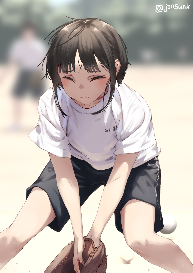 1girl, ball, baseball, black_hair, black_shorts, blush, closed_eyes, closed_mouth