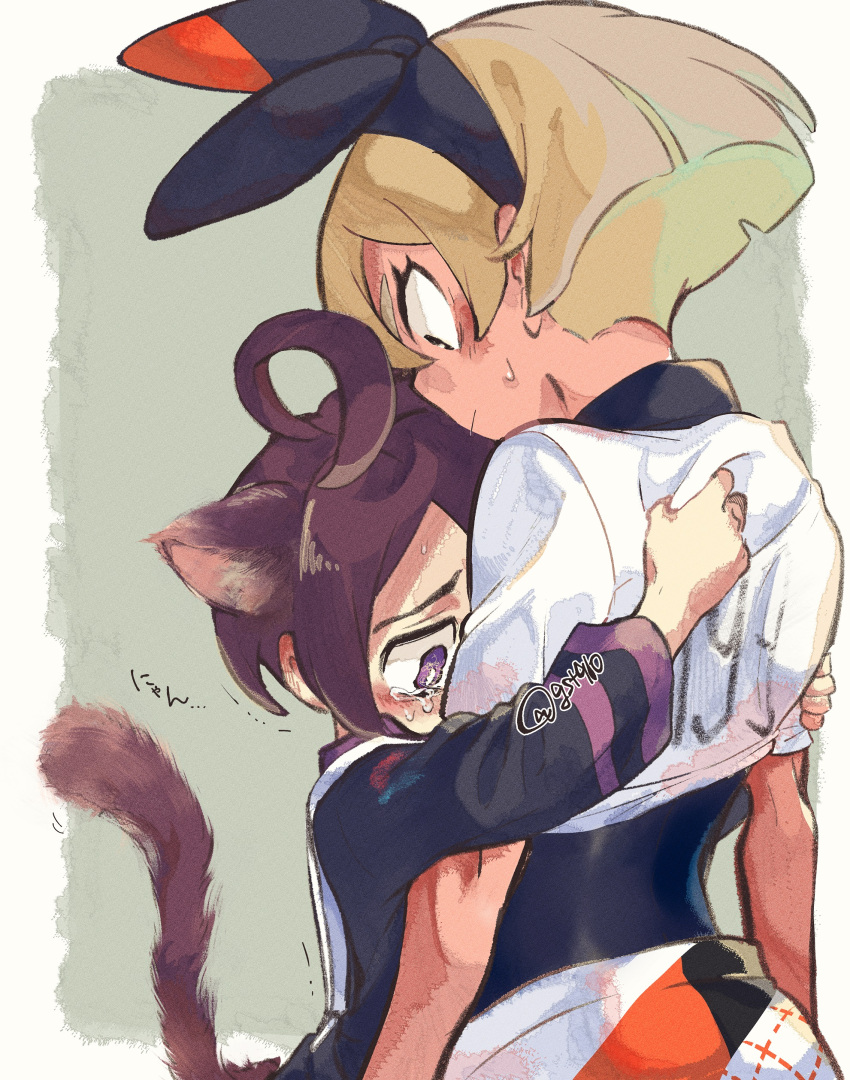 1boy, 1girl, absurdres, ahoge, allister_(pokemon), animal_ears, bangs, bea_(pokemon), black_bodysuit, black_hairband, blonde_hair, bodysuit, bodysuit_under_clothes, bow_hairband, bright_pupils, brown_hair, commentary_request, crying, hairband, highres, hug, kudou_(gst910), long_sleeves, looking_at_another, pokemon, pokemon_(game), pokemon_swsh, print_shorts, shirt, shirt_grab, short_hair, short_sleeves, shorts, sweatdrop, tail, tears, twitter_username, violet_eyes, white_pupils