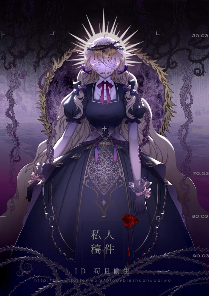 1girl, angel, bandage_over_one_eye, bandages, bieshuohuaaiwo, black_dress, black_gloves, bleeding