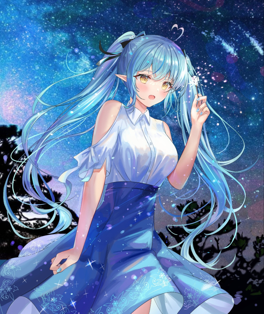 1girl, :o, ahoge, arme_(cgsy7484), bare_shoulders, black_ribbon, blue_dress, blue_hair