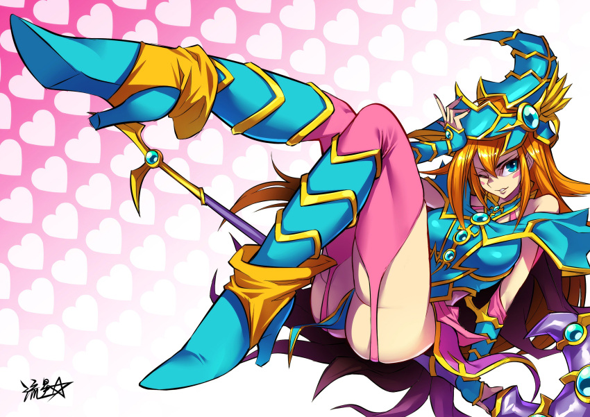 1girl, armor, blue_dress, blue_eyes, blue_footwear, blue_headwear, blush_stickers, boots, breasts, detached_sleeves, dress, duel_monster, fingernails, garter_straps, hair_between_eyes, hand_to_head, hand_up, hat, heart, heart_background, high_heel_boots, high_heels, highres, large_breasts, leg_up, long_hair, looking_at_viewer, magician's_valkyria, one_eye_closed, orange_hair, parted_lips, pauldrons, pink_legwear, reclining, red_nails, ryuusei_(mark_ii), shoulder_armor, signature, smile, solo, staff, thigh-highs, wizard_hat, yu-gi-oh!
