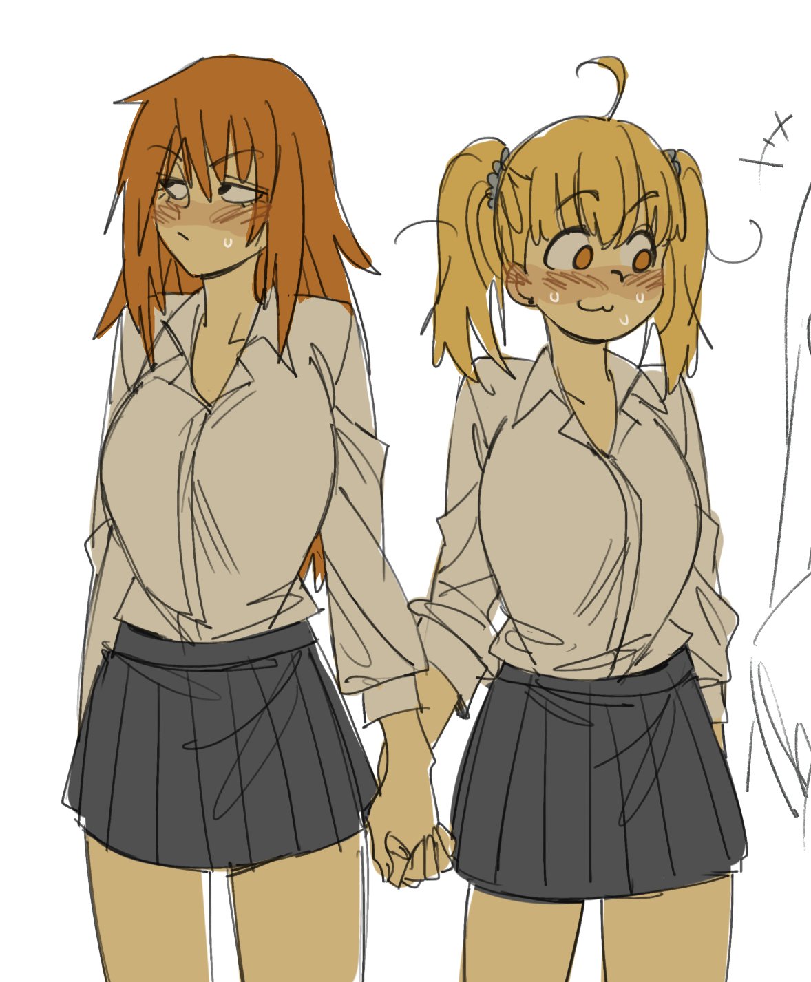 2girls, :3, ahoge, blonde_hair, blue_skirt, blush, breasts, gamou_maki, gutalalaman, highres, holding_hands, ijiranaide_nagatoro-san, interlocked_fingers, long_hair, looking_away, messy_hair, multiple_girls, orange_eyes, orange_hair, pleated_skirt, school_uniform, shirt, short_hair, short_twintails, side-by-side, skirt, sleeves_pushed_up, standing, sweat, sweatdrop, sweating_profusely, twintails, white_shirt, yoshi_(nagatoro), yuri