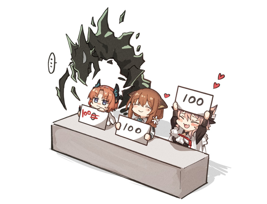 1boy, 2girls, animal_ears, arknights, bangs, blush, brown_hair, cat_ears