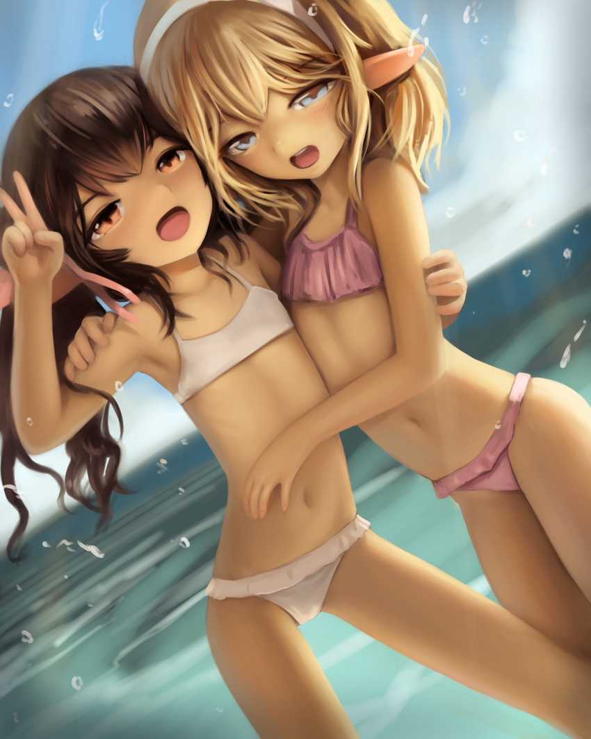2girls, :d, absurdres, arm_around_shoulder, bikini, blonde_hair, blue_eyes, brown_eyes