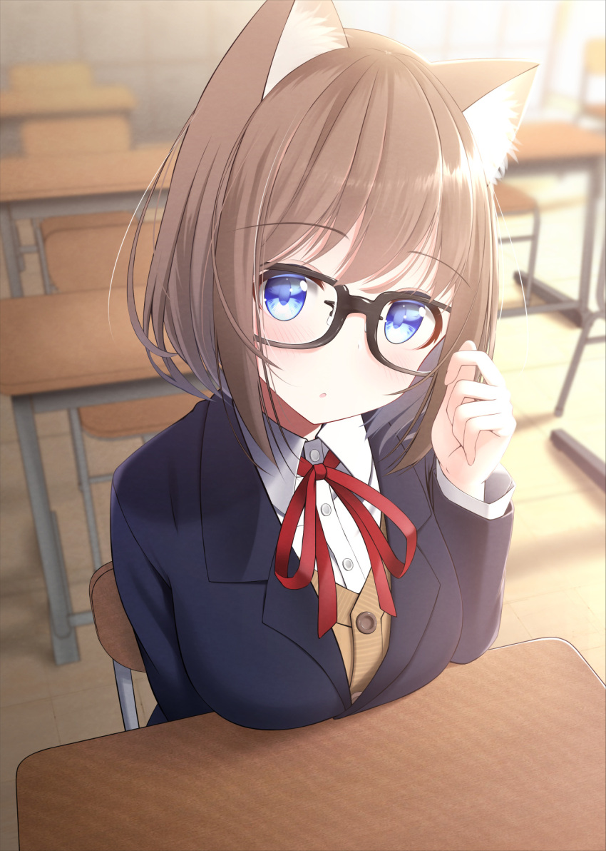 1girl, :o, adjusting_hair, animal_ear_fluff, animal_ears, black-framed_eyewear, blazer, blue_eyes