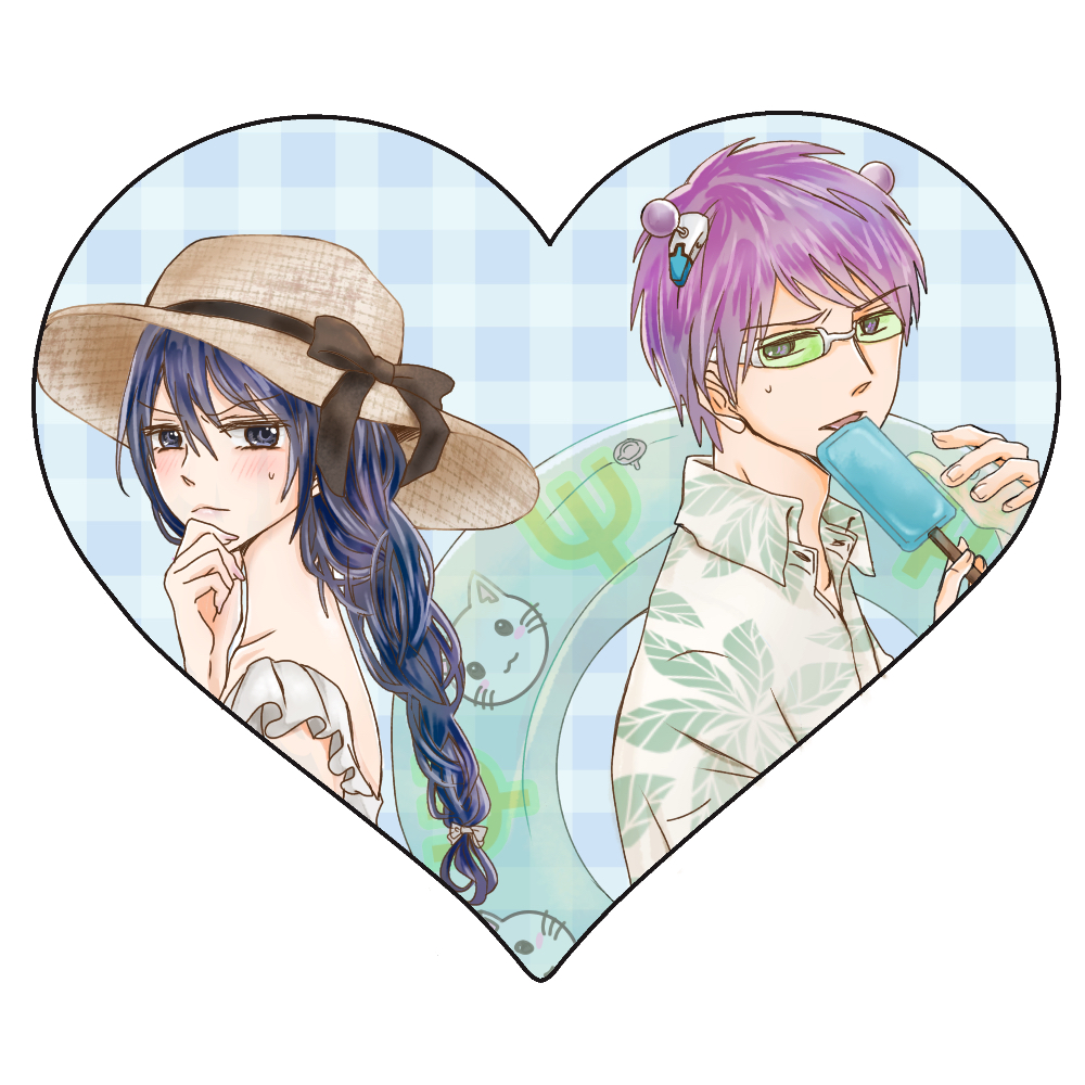 1boy, 1girl, blue_hair, braid, food, hat, headgear, heart