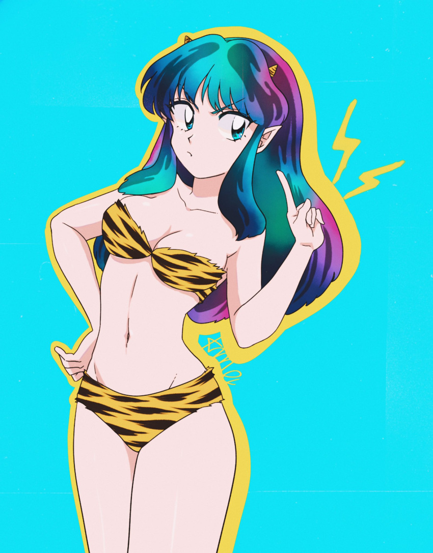 1980s_(style), animal_print, aqua_eyes, aqua_hair, bare_shoulders, bikini, collarbone, eyeshadow, gradient_hair, green_hair, hand_on_hip, highres, horns, kme, lum, makeup, multicolored_hair, navel, oni, oni_horns, pointy_ears, retro_artstyle, strapless, strapless_bikini, swimsuit, tiger_print, tiger_stripes, urusei_yatsura, yellow_bikini