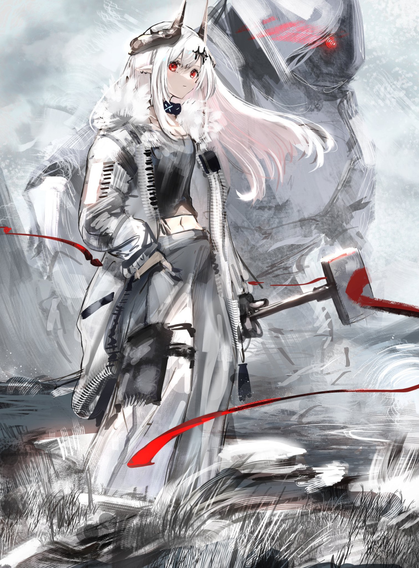 1girl, alternate_costume, arknights, closed_mouth, demon_girl, demon_horns, hair_ornament, hairclip