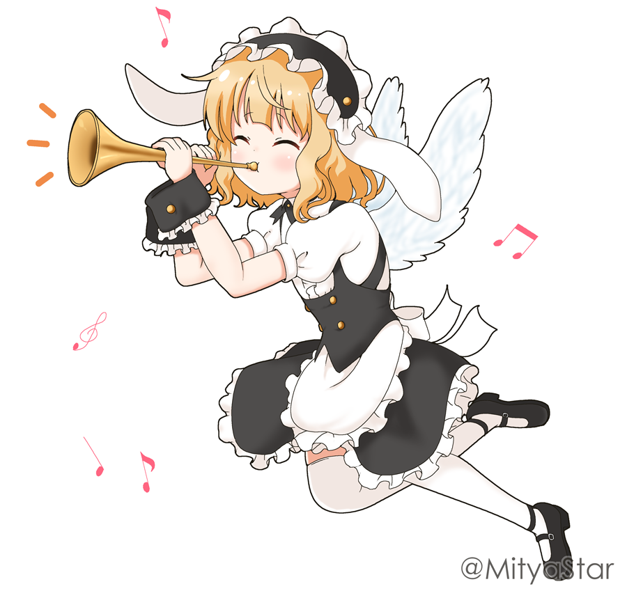 1girl, angel_day, angel_wings, animal_ears, apron, beamed_eighth_notes, black_footwear, blonde_hair