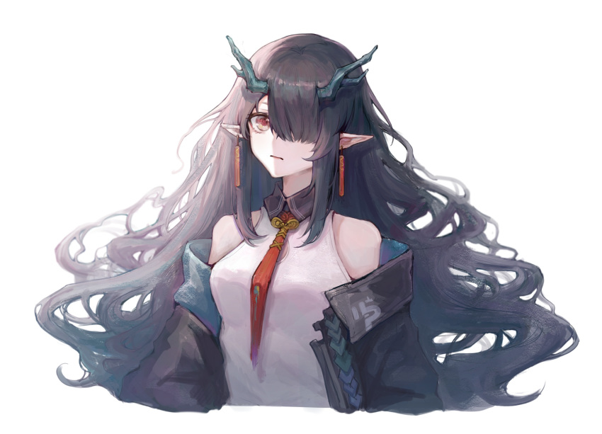 1girl, arknights, black_collar, black_jacket, breasts, charcy-tea, china_dress, chinese_clothes