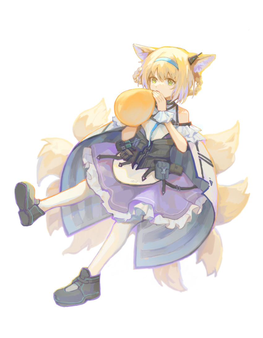 1girl, absurdres, animal_ears, arknights, balloon, black_collar, black_footwear, blonde_hair