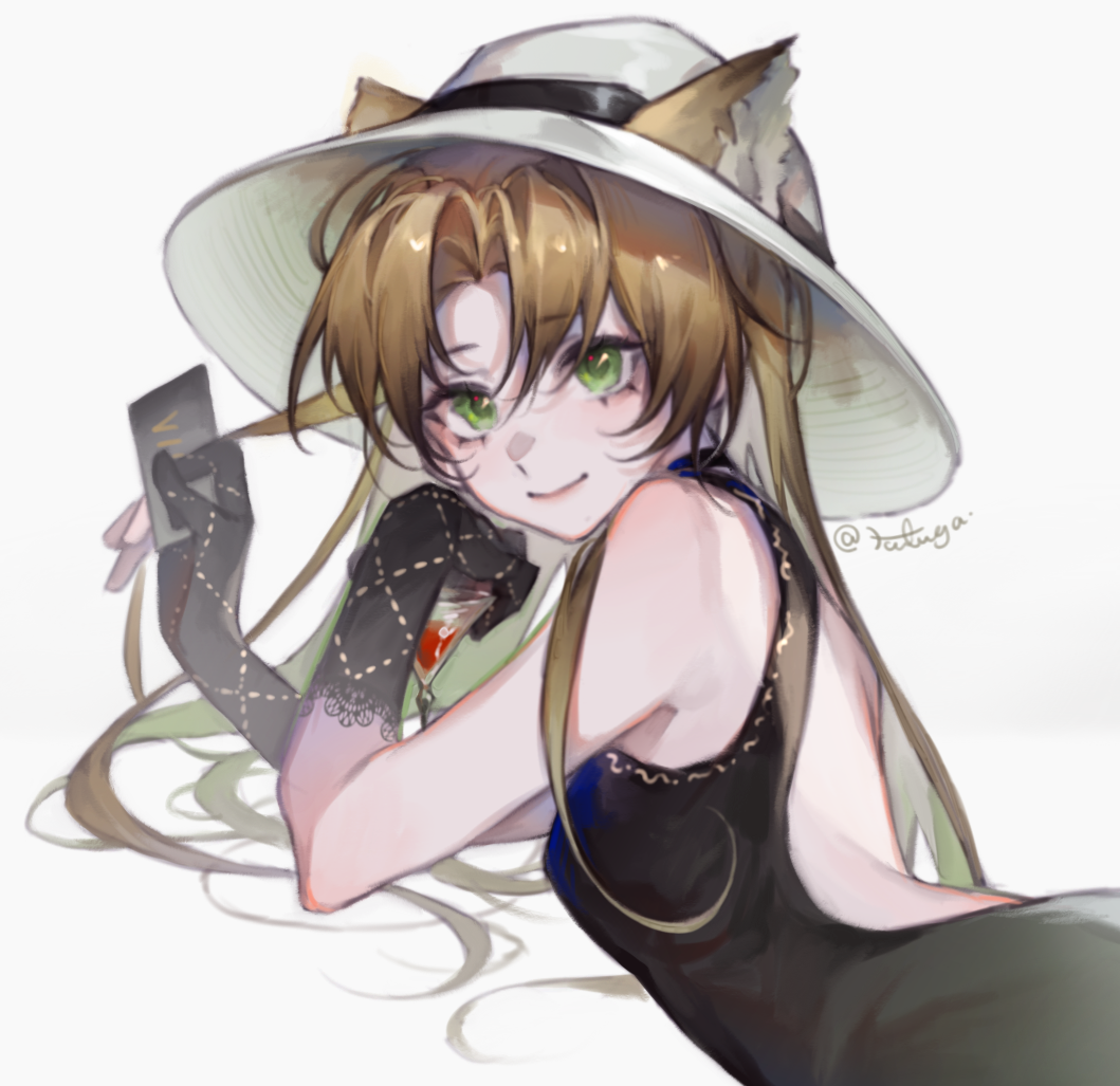 1girl, animal_ears, arknights, bare_back, black_gloves, black_swimsuit, blonde_hair, card