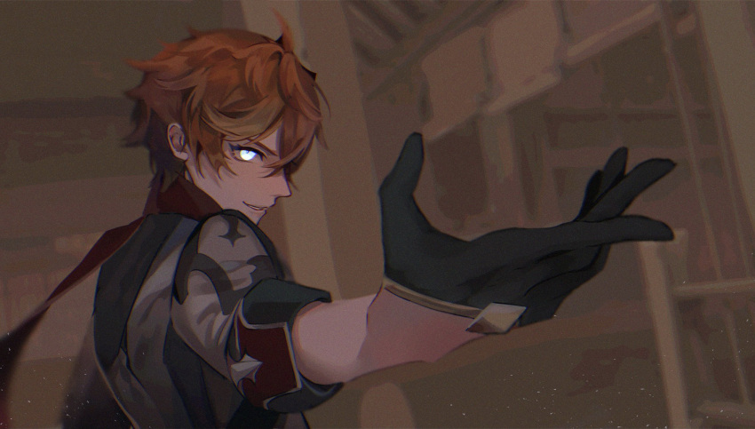 1boy, bangs, birdsofpasssage, black_gloves, from_side, genshin_impact, gloves, glowing