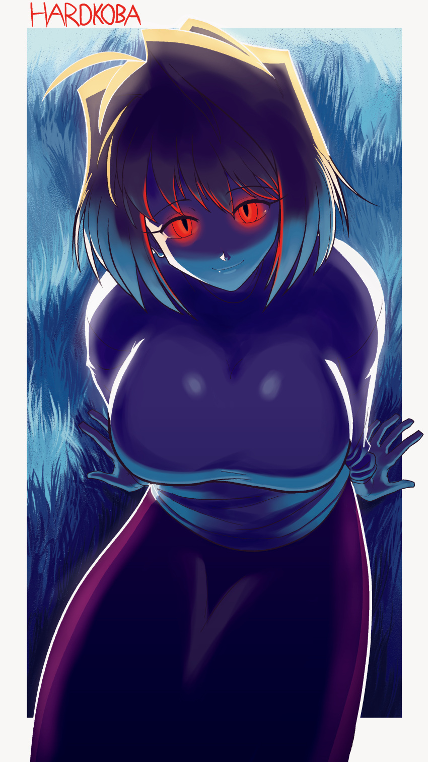 1girl, absurdres, ahoge, arcueid_brunestud, blonde_hair, breasts, glowing, glowing_eyes, hair_intakes, hardkoba, highres, large_breasts, long_skirt, long_sleeves, looking_at_viewer, melty_blood, purple_skirt, red_eyes, shaded_face, shadow, short_hair, skirt, solo, sweater, tsukihime, turtleneck