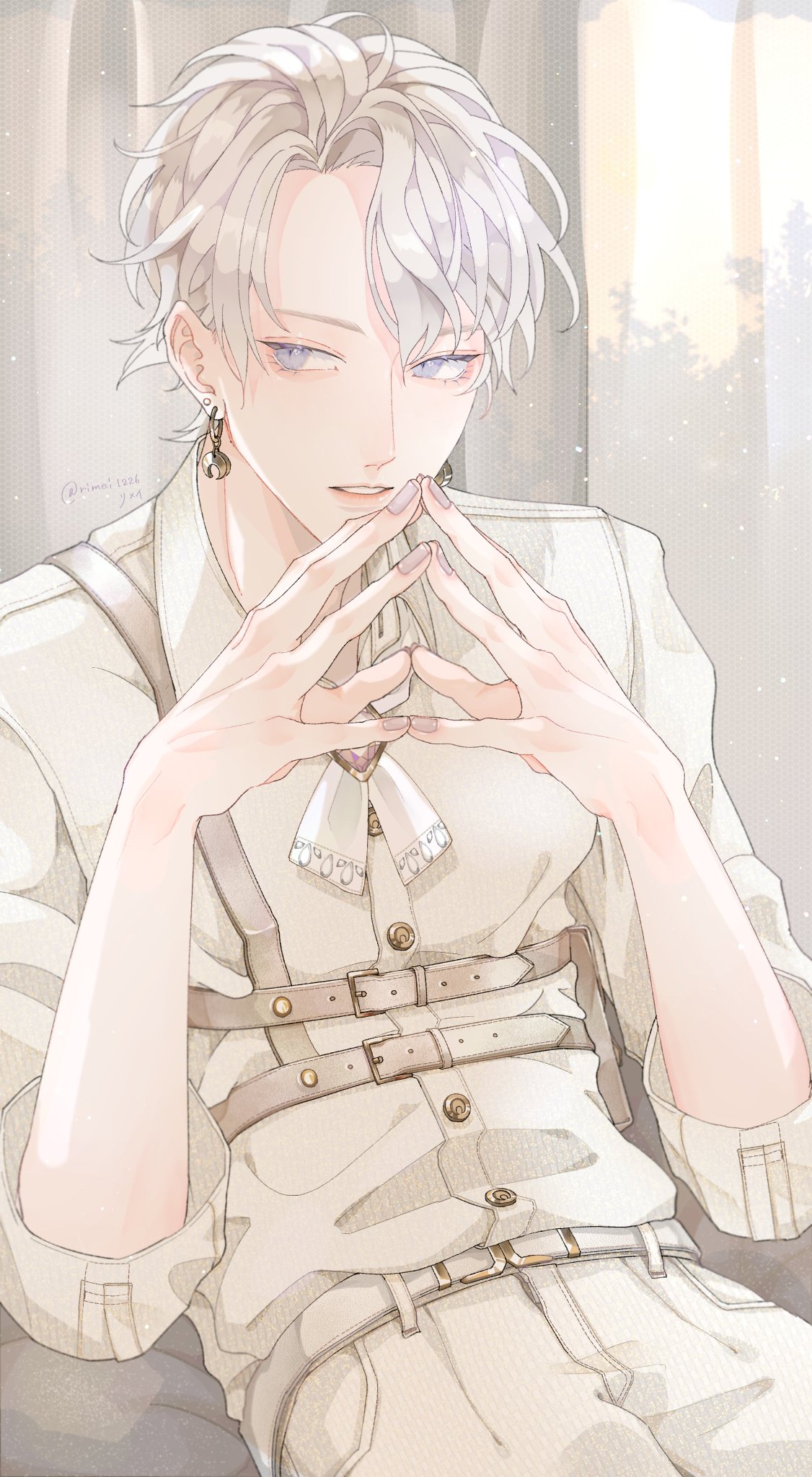 1boy, artist_name, bow, collared_shirt, earrings, gem, highres, jewelry