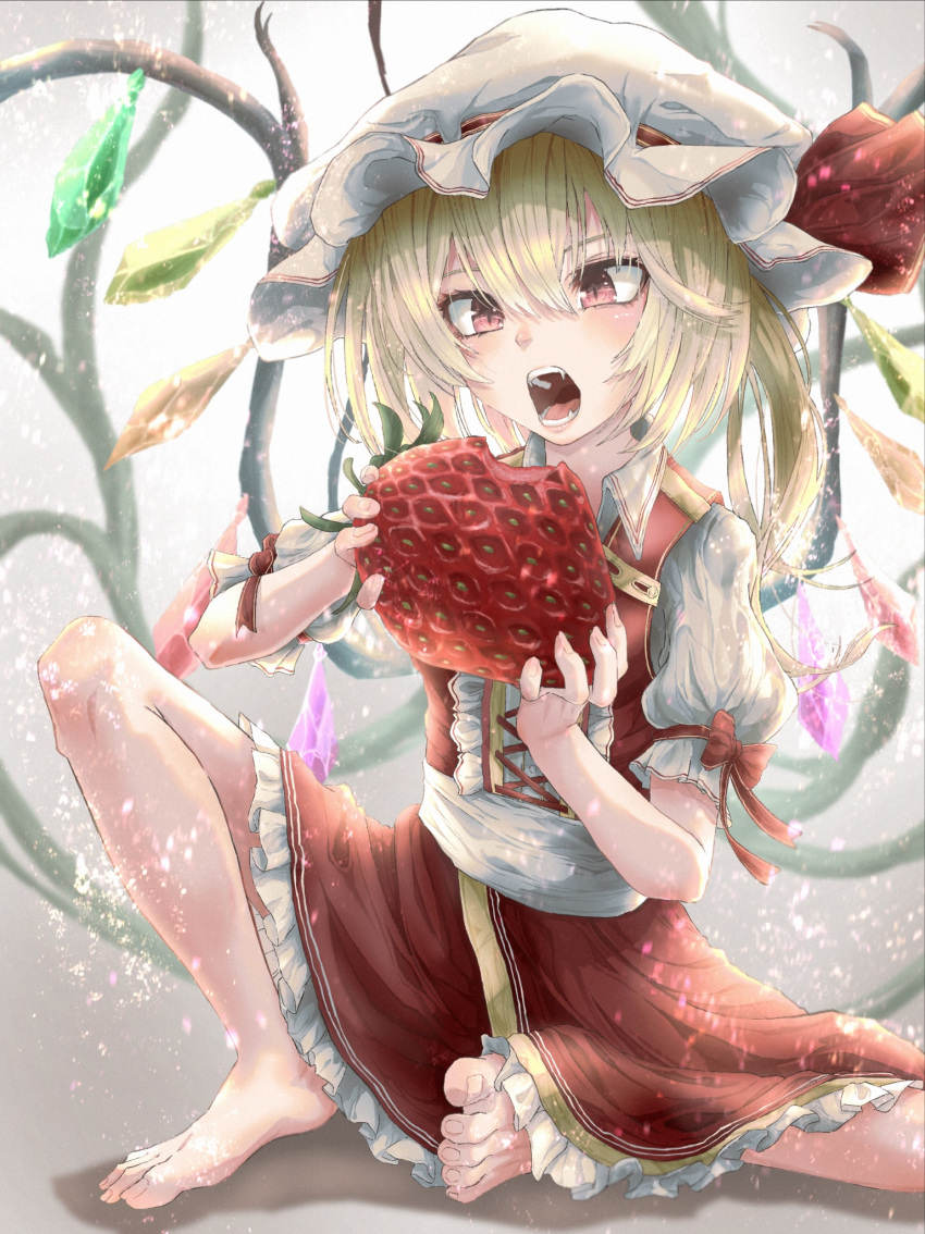1girl, adapted_costume, bangs, barefoot, blonde_hair, center_frills, commentary_request, cross-laced_clothes