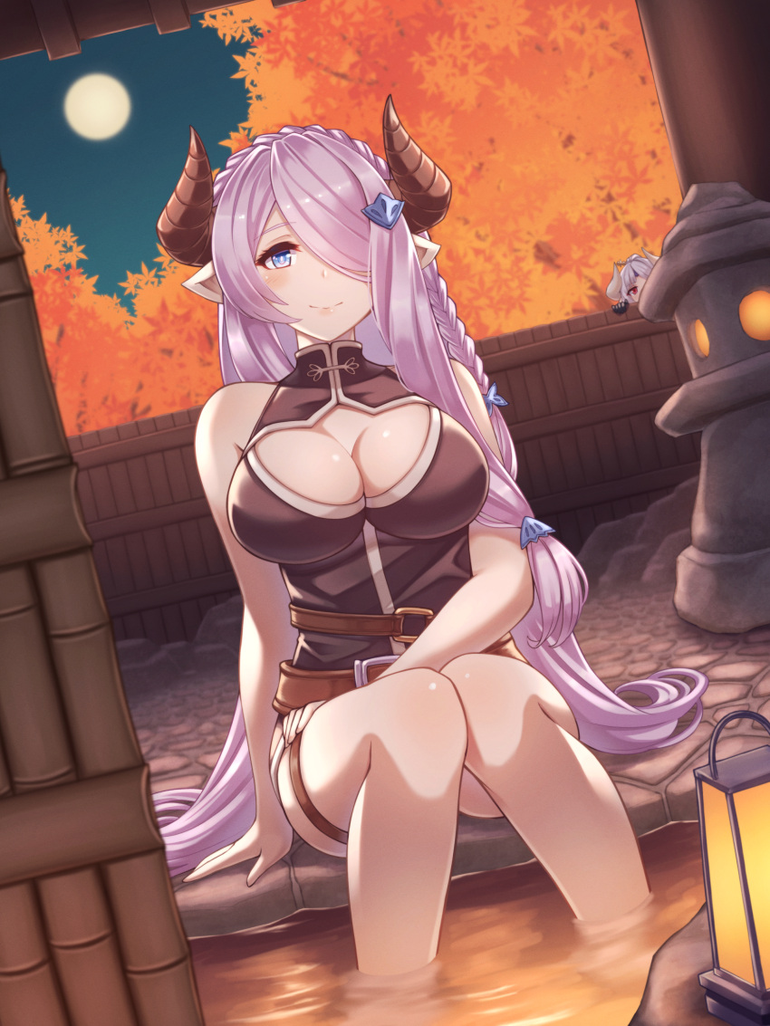 2girls, azusa_(granblue_fantasy), blue_eyes, bottomless, braid, breasts, demon_horns, draph