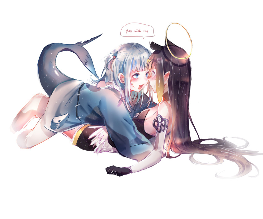 2girls, absurdres, blue_hair, blush, commentary_request, english_text, fish_tail, gawr_gura