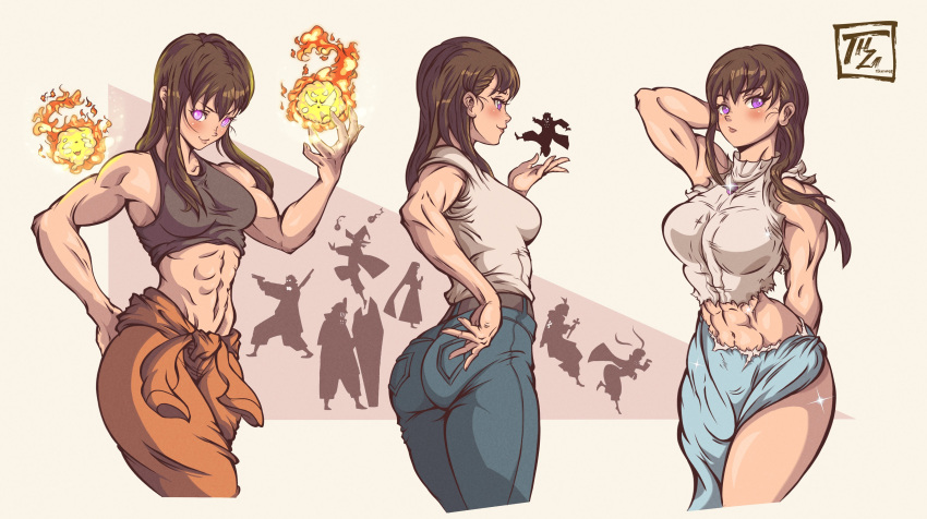 1girl, abs, absurdres, bare_shoulders, black_tank_top, blue_skirt, blush, brown_hair