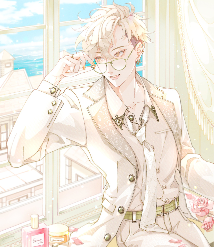 1boy, absurdres, adjusting_eyewear, bottle, clouds, cloudy_sky, collared_shirt, cosmetics