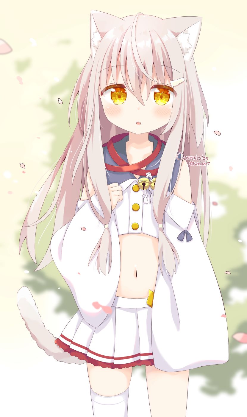 1girl, :o, animal_ear_fluff, animal_ears, bangs, bell, blurry, blurry_background, brown_hair, cat_ears, cat_girl, cat_tail, commentary_request, commission, crop_top, depth_of_field, eyebrows_visible_through_hair, fang, hair_between_eyes, hair_ornament, hairclip, highres, jingle_bell, kuro_(sakura_moyu), long_hair, long_sleeves, looking_at_viewer, midriff, nakkar, navel, parted_lips, petals, pleated_skirt, sakura_moyu, shirt, single_thighhigh, skirt, sleeves_past_wrists, solo, tail, thigh-highs, twitter_username, very_long_hair, white_legwear, white_shirt, white_skirt, wide_sleeves