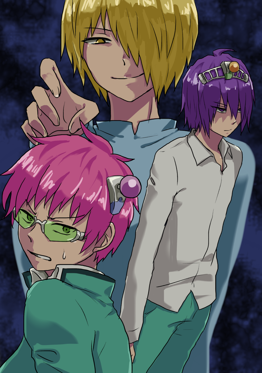 01mo71, 3boys, blonde_hair, hair_over_one_eye, headgear, highres, multiple_boys, pink_hair, purple_hair, saiki_kusuo, saiki_kusuo_no_psi_nan, saiki_kuusuke, school_uniform, tinted_eyewear, toritsuka_reita, violet_eyes, yellow_eyes