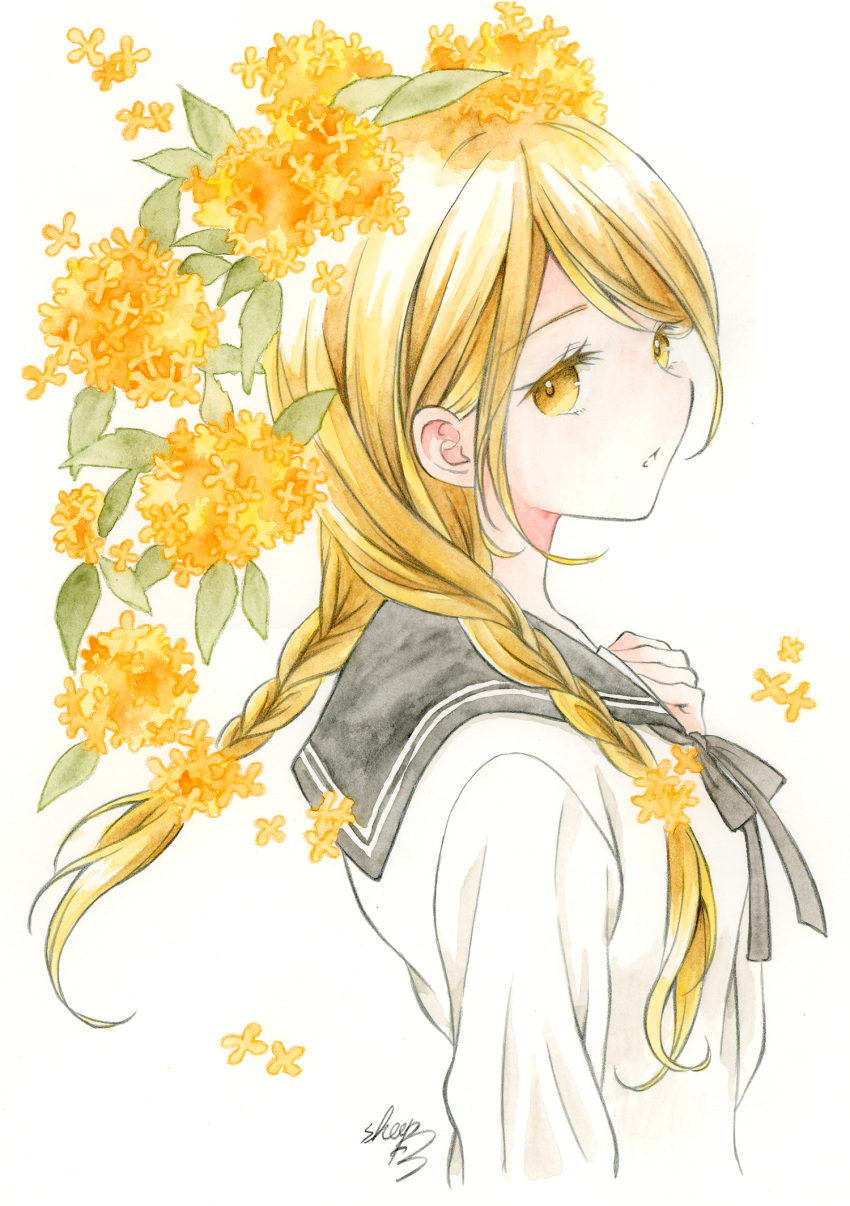 1girl, black_sailor_collar, blonde_hair, braid, commentary_request, flower, from_side, hair_over_shoulder