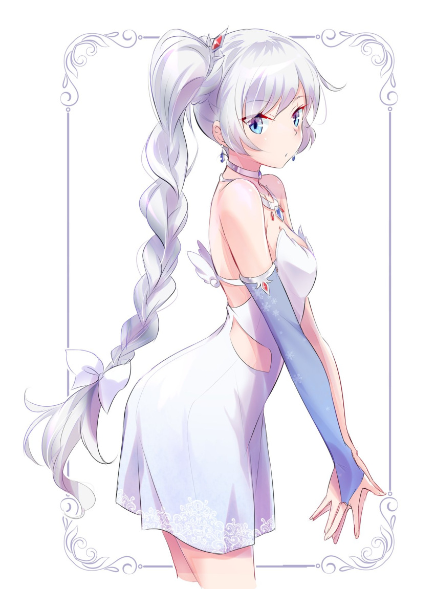 1girl, bangs, blue_eyes, braid, braided_ponytail, breasts, bridal_gauntlets, choker, clothing_cutout, commentary_request, cropped_legs, dress, earrings, from_side, hair_ornament, hair_ribbon, hands_together, highres, iesupa, jewelry, long_hair, looking_at_viewer, necklace, ribbon, rwby, scar, scar_across_eye, short_dress, side_ponytail, single_bridal_gauntlet, solo, tiara, very_long_hair, weiss_schnee, white_choker, white_dress, white_hair