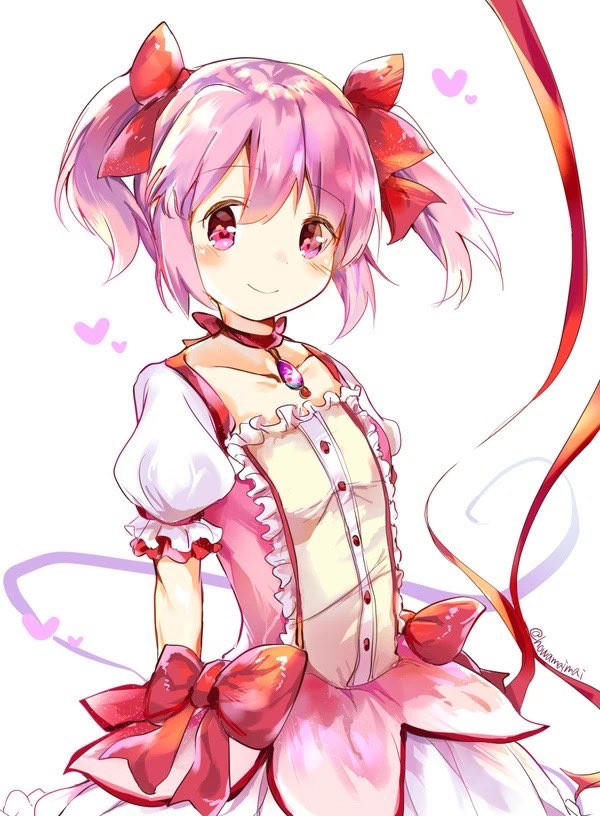 1girl, arms_at_sides, arms_behind_back, blush, bow, bowtie, bubble_skirt, eyebrows_visible_through_hair, hair_ribbon, heart, honwaka_shinshi, kaname_madoka, looking_at_viewer, looking_to_the_side, magical_girl, mahou_shoujo_madoka_magica, pink_eyes, pink_hair, red_bow, ribbon, skirt, smile, solo, soul_gem, twintails, upper_body, white_background