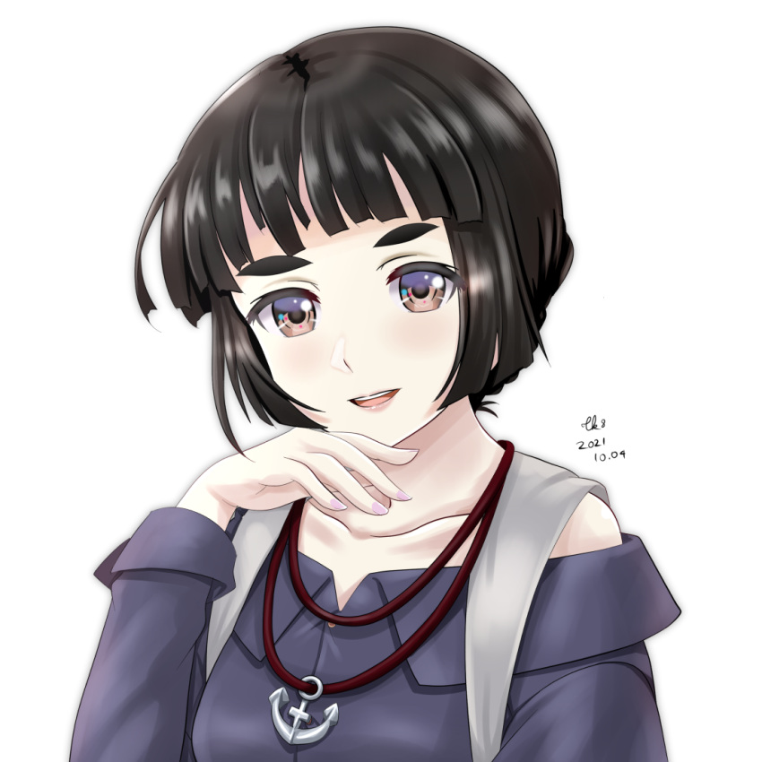 1girl, anchor_necklace, black_bun, braid, braided_bun, brown_eyes, collarbone, hair_bun