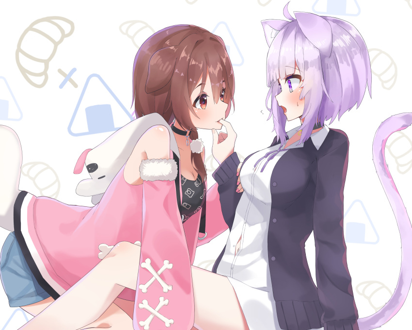 2girls, absurdres, all_fours, animal_collar, animal_ears, biting, black_choker, black_collar, blush, brown_hair, cat_ears, cat_girl, cat_tail, choker, collar, dog_ears, dog_girl, dog_tail, embarrassed, eye_contact, finger_biting, highres, hololive, inugami_korone, isei_sei, looking_at_another, multiple_girls, nekomata_okayu, no_pants, o-ring, o-ring_choker, purple_hair, sitting, surprised, sweatdrop, tail, virtual_youtuber, yuri