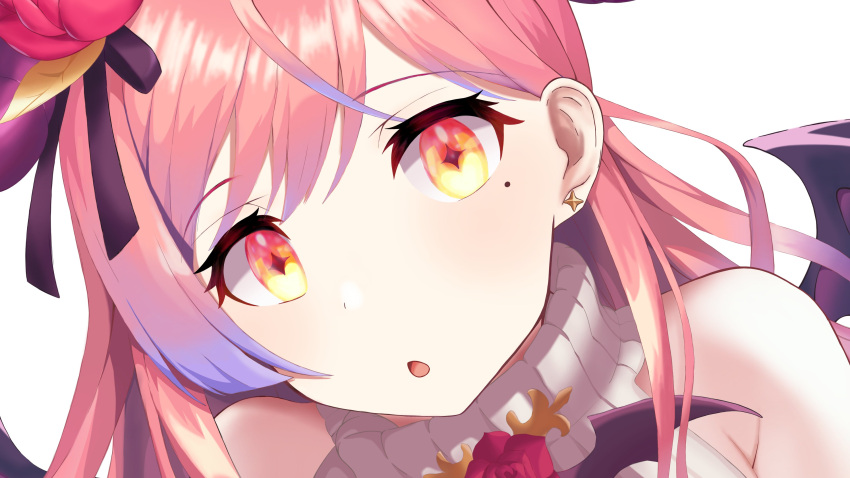 1girl, :o, absurdres, bangs, beige_sweater, demon_horns, demon_wings, earrings