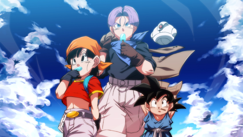 1girl, 2boys, arms_behind_head, belt, black_belt, black_eyes, black_gloves, black_hair